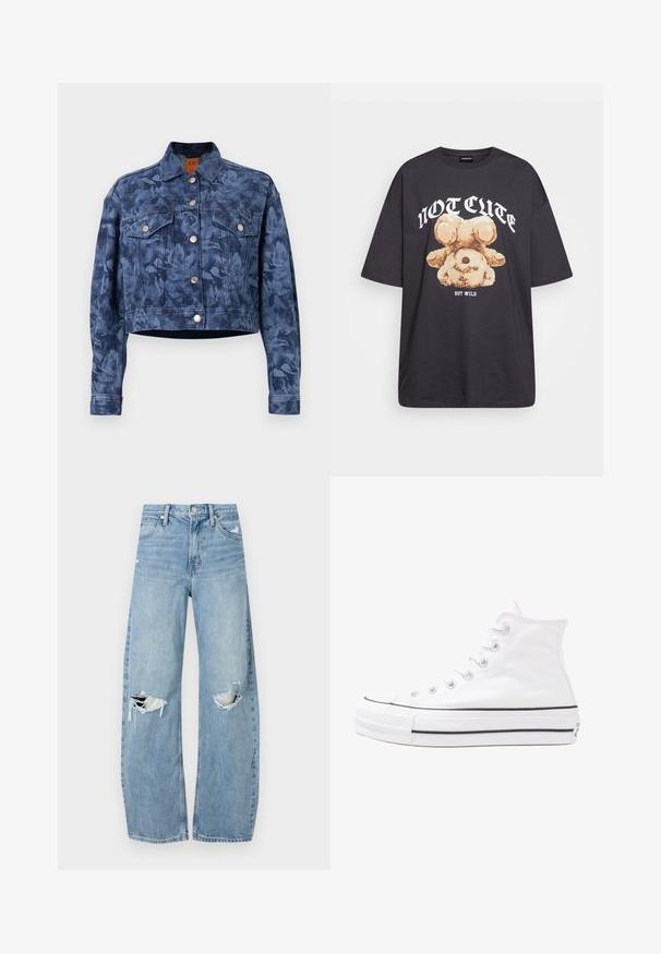 Kort denimjacka i mörkblått med blommönster, silverknappar, två bröstfickor och klassisk krage. Slätt material.; Svart oversized t-shirt med en grafik av en björn och texten "INTE SÖT MEN VILD" i fet, vit lettering. Tillverkad av bomull.; Ljusblå, högmidjade jeans i denim. Har vida ben, två slitna knäområden och klassisk femfickedesign.; Vit hög topp canvas sneaker med svart gummisulan, framsidan gummitåhätta och sex öglor för snören, med en ren, minimalistisk design.