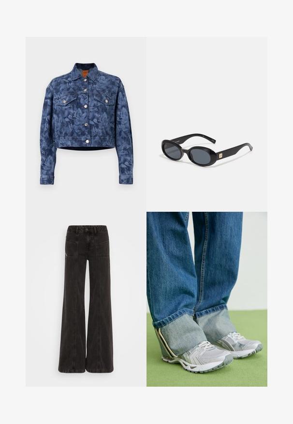 Sötétkék, crop fazonú farmerdzseki virágmintával, ezüst gombokkal, két melltartó zsebbel és klasszikus gallérral. Simított textúra.; Fehér pamut póló laza szabással, rövid ujjakból és kerek nyakkivágással. Diszkrét márkajelzés található a nyakkivágásnál.; Fekete, bő szárú farmernadrág, magas derékkal, elülső zsebekkel és az varratok mentén tónusos cérnával.; Szürke sportcipők, hálós anyagból és fehér részletekkel, kék farmernadrággal, amely a bokánál felhajtott.; Fekete, ovális napszemüveg sötét lencsékkel, fényes műanyag kerettel, széles szárakkal és egy apró arany díszítéssel az egyik oldalon.; Barna bőr válltáska puha, lezser kialakítással. A táska széles pánttal és minimalista formával rendelkezik, amelyet finom textúra egészít ki.