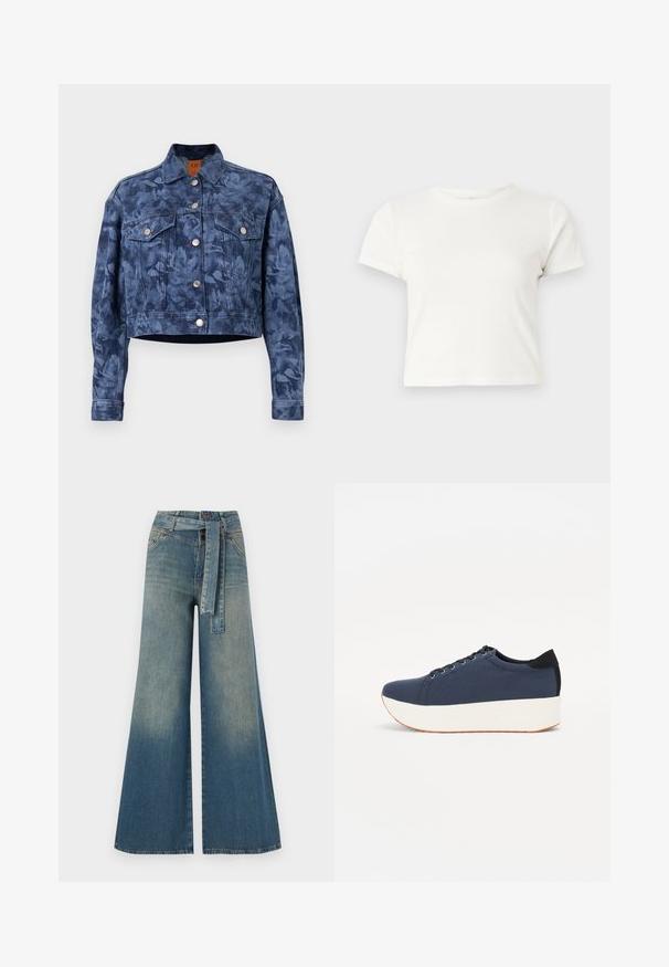 Lühendatud teksajakk tumesinisena lillemustriga, hõbedaste nuppudega, kahe rinna-taskuga ja klassikalise kraega. Sile tekstuur.; Lühike valge T-särk, mis on valmistatud puuvillast, lühikeste varrukatega, ümmarguse kaelusega ja sirge lõikega, omades sileda tekstuuri ja minimaalset disaini.; Laiad denimpüksid, millel on hele tume sinine gradiendiefekt, kõrge vöökoht, vöökumlid ja sobivast kangast vöö. Struktureeritud denimi viimistlus.; Tumedat sinised tennised tekstureeritud riidest pealispinnaga, valge platvormi tallaga, ümarate varvaste ja musta kontsapaneeliga. Omab kuut silma paelte jaoks.