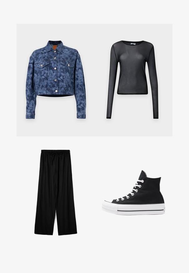Kratka džins jakna v temno modri barvi z cvetličnim vzorcem, srebrnimi gumbi, dvema žepoma na prsih in klasičnim ovratnikom. Gladka tekstura.; Črna dolga rokavična majica iz prosojnega materiala, z okroglim izrezom in slim fit krojem, z natančno obrobljenimi robovi.; Črne široke hlače iz lahkega blaga, z elastičnim pasom in vrvico za prilagodljivo prileganje. Gladka tekstura.; Visoke črne platnene superge z belimi režami, vezalkami in gumijastim podplatom. Ponašajo se z teksturiranim zaščitnikom za prste in črno-belimi črtami.