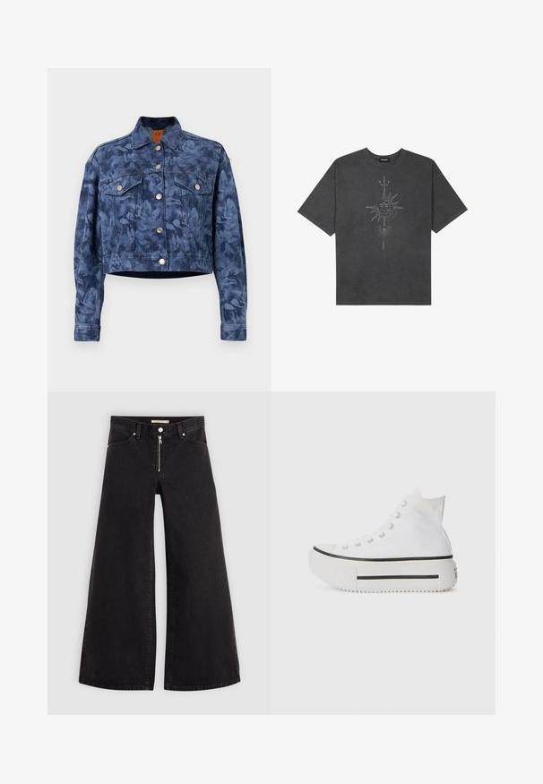 Sötétkék, crop fazonú farmerdzseki virágmintával, ezüst gombokkal, két melltartó zsebbel és klasszikus gallérral. Simított textúra.; Sötétszürke, nagy méretű pamut póló, középen nap motívummal, aprólékos vonal részletekkel nyomtatva elöl.; Fekete denim széles szárú farmer, cipzáros elejével, öt zsebes kialakítással és diszkrét varrással. Sima textúra és laza stílus.; Fehér, magas szárú tornacipő, vászon felsőrésszel, gumitalppal, fekete csíkkal és fűzős záródással. Strukturált talp a fokozott tapadás érdekében.