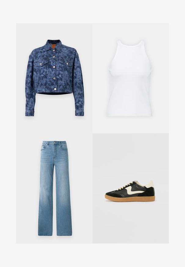 Veste en denim courte de couleur bleu foncé avec un motif floral, des boutons en acier, deux poches poitrine et un col classique. Texture lisse.; Débardeur blanc sans manches en tissu côtelé, doté d'un col rond et d'une silhouette ajustée, avec des coutures minimales et sans ornements.; Jean taille haute bleu clair avec une coupe droite. Fabriqué en denim, avec cinq poches et une fermeture à bouton.; Baskets en daim et cuir noir avec un swoosh latéral crème et un talon crème clair. Dotées de lacets beige et d'une semelle en caoutchouc gomme.