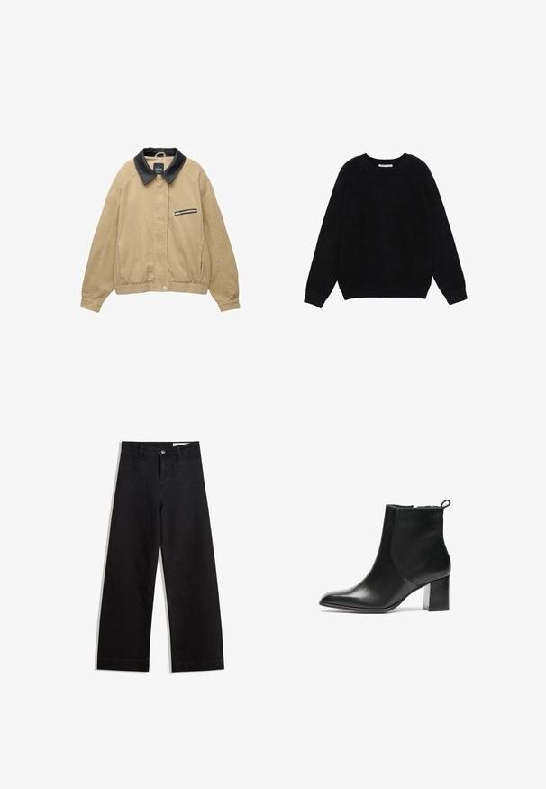 Beige kordfløjljakke med en sort læderkrave, frontlomme med lynlås, elastisk bund og lange ærmer. Simpel og struktureret design.; Sort langærmet crewneck-sweater med ribbede ærmekanter og kant nederst, vist fladt på en hvid baggrund.; Sorte wide-leg denim bukser med høj talje, der har front- og baglommer, syede sømme og en knaplukning. Glat tekstur.; Sorte læder ankelstøvler med en rund tå, en mellemhøj blokhæl og en løkke bagpå. Glat tekstur, minimalistisk design.