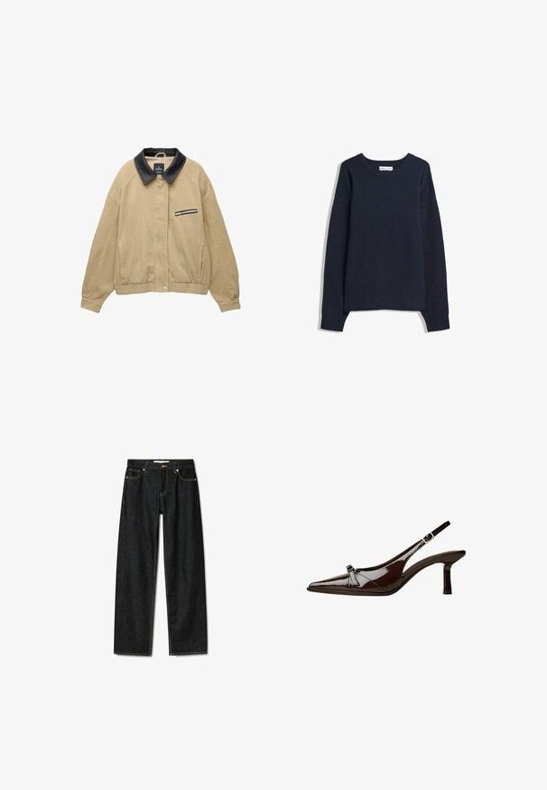 Bež jakna iz korduroja z črnimi usnjenimi ovratnikom, sprednjim žepom na zadrgo, elastičnim robom in dolgimi rokavi. Preprost in strukturiran dizajn.; Navy modra pulover s V-izrezom, dolgimi rokavi, rebrastimi manšetami in spodnjim robom. Narejen iz mehke pletene tkanine, s sproščenim krojem in minimalnim dizajnom.; Temno modri kavbojki s ravnim krojem, zapiranje na mesingasto gumb, in kontrastnim rumenim šivanjem. Imajo pet žepov in klasičen kroj.; Rjave lakirane slingback čevlje z oglatim nosom, nizko peto in dekorativno pentljo na sprednji strani. Gladka, sijoča tekstura.