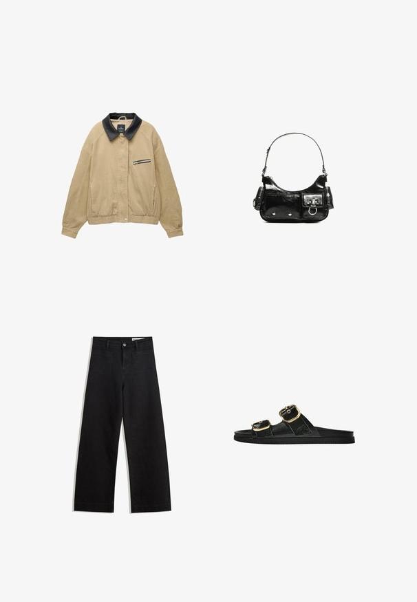 Beige kordbársony kabát fekete bőrkollárral, elülső cipzáros zsebbel, rugalmas aljjal és hosszú ujjakkal. Egyszerű és Strukturált dizájn.; Nadrágkék V nyakú pulóver, hosszú ujjakkal, bordás mandzsettákkal és szegéllyel. Puha kötött anyagból készült, laza szabású és minimalista dizájnú.; Fekete, bő szabású farmernadrág magas derékkal, elülső és hátsó zsebekkel, varrott felületekkel és gombos záródással. Sima textúra.; Fekete csúszó szandál, két arany csattal, sima textúrájú anyagból, lapos talppal és minimalista dizájnnal.; Fekete lakkbőr kézitáska ívelt formával, egy vállpánttal, elülső zsebekkel és ezüstszínű fémrészletekkel.