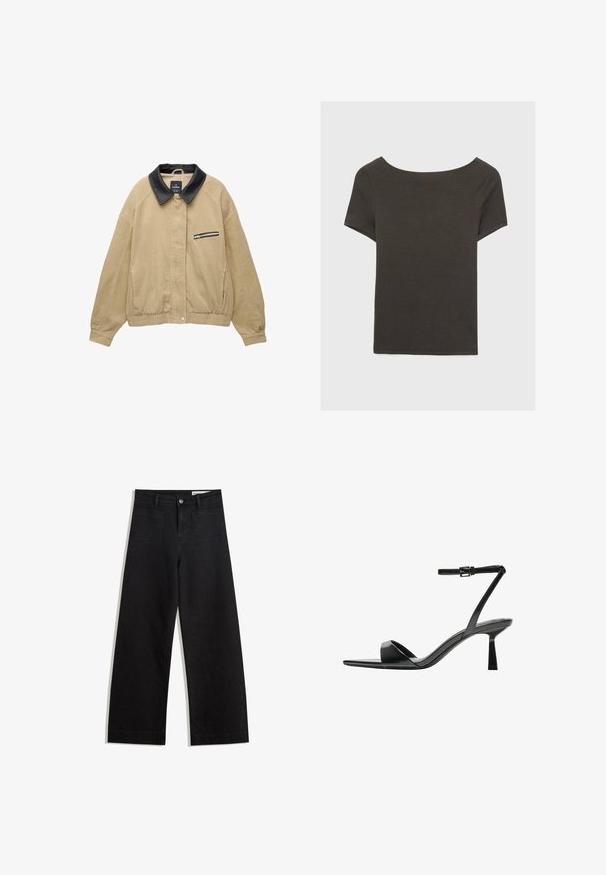 Beige korduroy bunda s černým koženým límcem, přední kapsou na zip, elastickým lemem a dlouhými rukávy. Jednoduchý a strukturovaný design.; Tmavě šedý top s krátkým rukávem a lodičkovým výstřihem. Vyrobený z ribovaného materiálu, s volnějším střihem a čistým lemem. Jednoduchý design, bez vzorů.; Černé denimové kalhoty s volným střihem a vysokým pasem, vybavené předními a zadními kapsami, prošívanými švy a knoflíkovým zapínáním. Hladká textura.; Bershka Sandály na vysokém podpatku - black