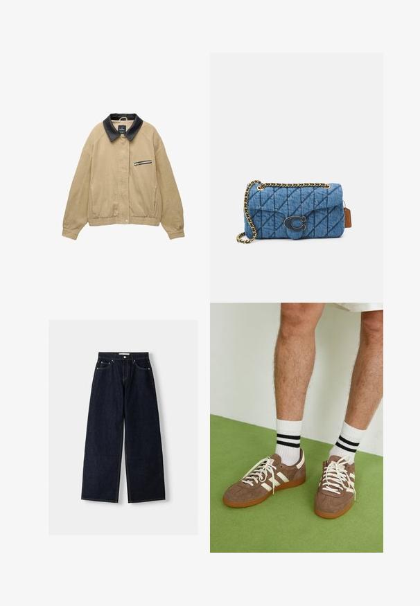 Bežová kordurová bunda s čiernym koženým golierom, predným zipsovým vreckom, elastickým spodným okrajom a dlhými rukávmi. Jednoduchý a štruktúrovaný dizajn.; Biele bavlnené tielko s širokými ramienkami, okrúhlym výstrihom a hladkou, rebrovanou textúrou. Bez vzorov alebo akcentov.; Tmavomodré denimové nohavice s širokými nohavicami a vysokým pásom, s piatimi vreckami, kontrastným prešívaním a striebornými kovovými doplnkami. Hladká textúra a čisté prevedenie.; Hnedé zamatové tenisky s bielymi akcentmi a šnúrkami. Gumová podrážka. Nosené s bielymi ponožkami so čiernymi pruhmi. Zelená textúrovaná podlaha.; Modrá prešívaná denníková taška na rameno so zlatým reťazovým popruhom a výrazným zlatým logom na prednej strane. Kompaktný obdĺžnikový tvar.