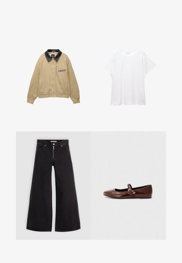 Bežová kordurová bunda s čiernym koženým golierom, predným zipsovým vreckom, elastickým spodným okrajom a dlhými rukávmi. Jednoduchý a štruktúrovaný dizajn.; Biele tričko vyrobené z mäkkého, ľahkého materiálu. Má okrúhly výstrih a krátke, široké rukávy s uvoľneným strihom. Bez viditeľných vzorov.; Dlhé nohavice vo voľnom strihu z čierneho denimu so zipsom vpredu, päť vrecúškovým dizajnom a jemnými stehovými detailmi. Hladká textúra a neformálny štýl.; Hnedé lakované baletky s hranatou špičkou a pásikom s malou zlatou prackou. Hladká textúra, nízky podpätok a minimalistický dizajn.