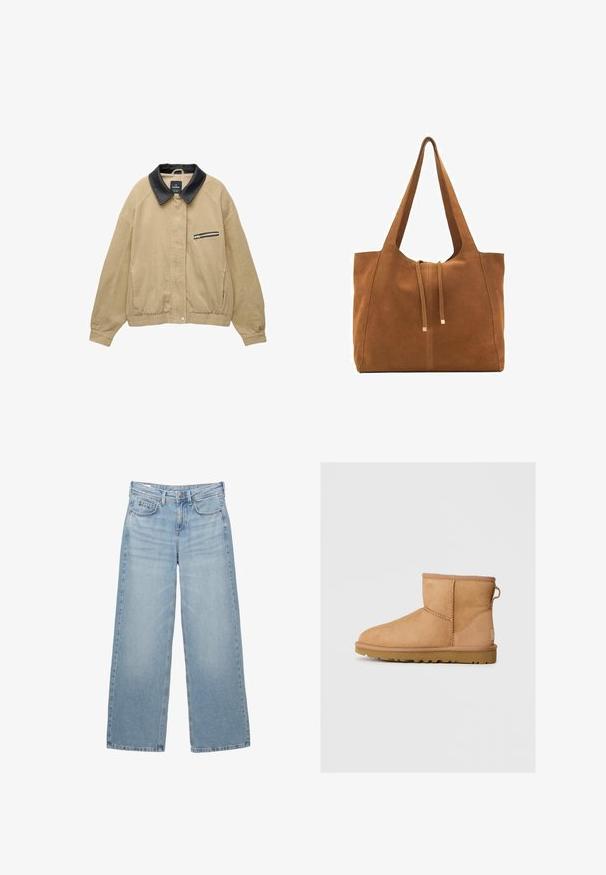 Beige kordfløjljakke med en sort læderkrave, frontlomme med lynlås, elastisk bund og lange ærmer. Simpel og struktureret design.; Hvid t-shirt i bomuld med korte ærmer, rund halsudskæring og løs pasform. Materialet virker glat uden synlige mønstre eller grafik.; Lyseblå denim bukser med vide ben og høj talje, fem lommer og diskret slid, med en metalknap og bæltestropper.; Brune suede ankelstøvle med rund tå, stikninger, en pull tab bagpå og en tekstureret gummisål. Designet til komfort og varme.; Brun ruskinds-tote med to lange stropper, snørelukning og minimalistisk design. Glat tekstur og ingen synlige hardware-detaljer.