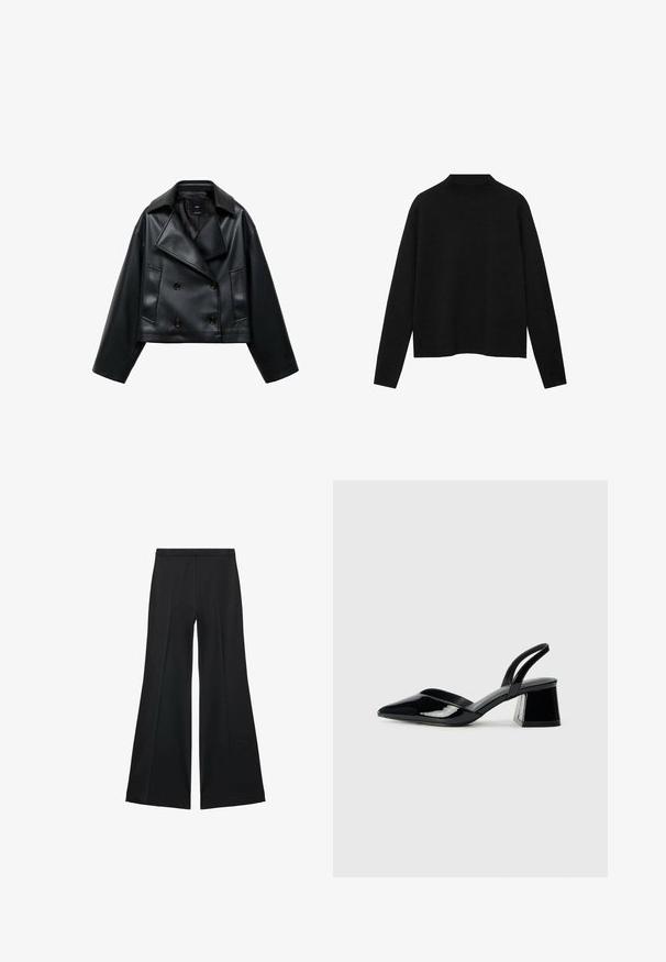 Giacca nera in ecopelle tagliata, con un design doppiopetto, ampi revers e tre bottoni frontali. Texture liscia e due tasche inclinate.; Maglione a collo alto di colore nero realizzato in tessuto morbido, con maniche lunghe e una vestibilità rilassata, caratterizzato da un design pulito e minimalista.; Pantaloni neri a gamba larga con una texture liscia, caratterizzati da pieghe frontali e un design sartoriale. Il tessuto è leggero e fluido.; Décolleté in vernice nera con punta affusolata e tacco in geometria cubica. Presentano un design elegante e minimalista, con una texture liscia.