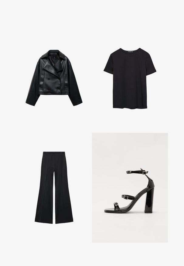 Leikkattu musta tekonahkajakku kaksoisnappisuunnittelulla, leveillä liepeillä ja kolmella etunapilla. Tasainen pinta ja kaksi kulmaista taskua.; Yksinkertainen lyhythihainen musta puuvillapaidan t-paita, jossa on pyöreä kaula-aukko, esitetty valkoisella taustalla.; Mustat leveälahkeiset housut, joissa on sileä pinta, etupuolella laskokset ja muotolaskettu malli. Kangas on kevyttä ja laskeutuvaa.; Musta kiiltäväpintainen korkokengät, joissa on kaksi solkikiinnitystä, neliönmuotoinen kärki ja paksu korko, sileällä, kiiltävällä pintarakenteella.