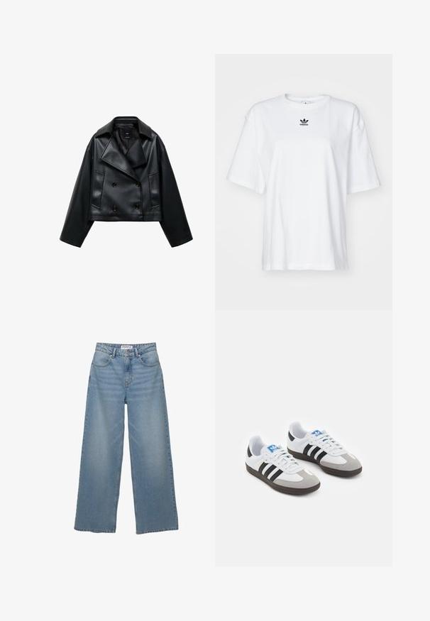 Izrezana crna jakna od umjetne kože s dvostrukim kopčanjem, širokim reverima i tri prednja gumba. Glatka tekstura i dva kuta džepa.; Bijela kratka majica s kratkim rukavima izrađena od pamuka. Ima okrugli izrez i mali crni Adidas logo na prsima. Ravni rub.; Svijetloplave traperice širokih nogavica izrađene od denima. Imaju visoki struk, pet džepova i ravne nogavice s minimalnim izbljeđenjem.; Sportske cipele s gornjištem od bijele kože, sivi suedinasti nos i tri crne pruge. Imaju plavi logo na jeziku i teksturiranu gumenu podlogu.