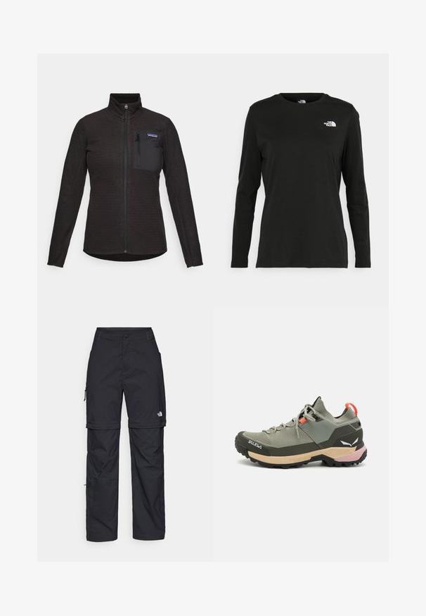 Black full-zip fleece jacket with textured pattern, long sleeves, high collar, and zipped chest pocket with brand label.; Black long-sleeve t-shirt made of cotton with a round neck. Features a small white logo on the left chest area. Simple design and fit.; Black nylon zip-off cargo trousers with adjustable cuffs, multiple pockets, and a logo on the right leg. Smooth, lightweight texture.; Lightweight green hiking shoe with mesh and rubber materials, black traction outsole, pink and orange accents, and reinforced toe cap.