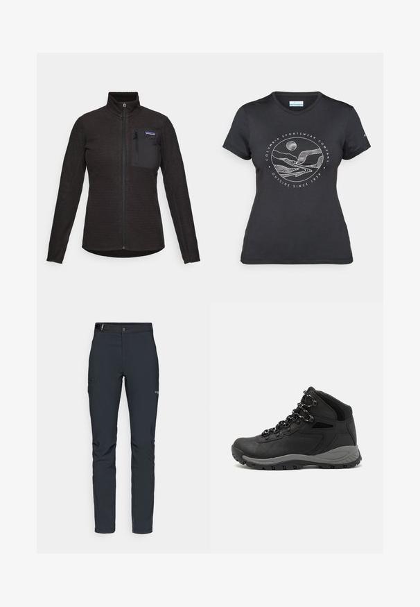 Must mustaga lukugapolaarne jakk, millel on tekstuuripind, pikad varrukad, kõrge kaelus ja lukuga rinnakott koos brändi sildiga.; Musternine Columbia T-särk mustas värvuses, millel on valge ümmargune mägi ja jõe joonistus ning tekst "Columbia Sportswear Company Outside Since 1938."; Meeste välkpüksid, tumehallid, valmistatud paindlikest materjalidest, vöökohaga, tõmblukuga taskud ja tugevdatud õmblused.; Mustarjaline matkasaabas, millel on keskmine disain, tekstuuriga ülemine osa, hallid aktsendid ja vastupidav kummist põhi, millel on haardelugesid.