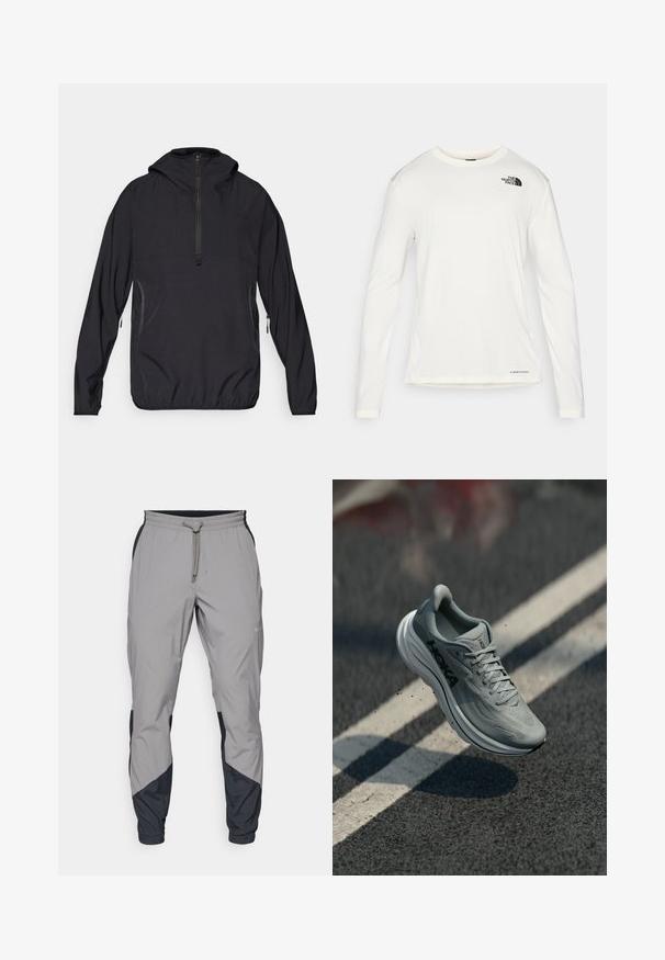 Čierna mikina s kapucňou, polovičným zipsom vpredu, elastickým pásom a bočnými vreckami, vyrobená z ľahkej, priedušnej tkaniny.; Biela košeľa s dlhým rukávom a okrúhlym výstrihom, textúrovaná látka, čierne logo na ľavom pleci a nenápadné značkovanie na spodnej časti.; Ľahké, šedé športové nohavice s čiernymi akcentmi. Elastický pás, sťahovanie pomocou šnúrky, zúžený strih nohavíc a bočné vrecká.; Svetlo šedá bežecká topánka Hoka vo vzduchu nad asfaltovou cestou s bielymi pruhmi a malými čiastočkami zeminy.