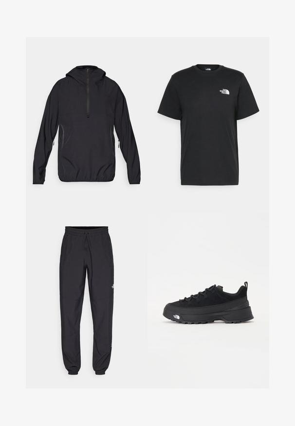 Black pullover jacket with a hood, half-zip front, elasticated hem, and side pockets, made from lightweight, breathable fabric.; Black cotton t-shirt with short sleeves, crew neck, and a small white logo on the left chest. Simple design, smooth texture, and relaxed fit.; Black athletic pants made from lightweight fabric, featuring a drawstring waistband, side pockets, and tapered cuffs at the ankles.; Black outdoor sneaker with a suede upper, textured rubber sole, and sturdy lacing system. Features a reinforced heel and brand logo on the side.