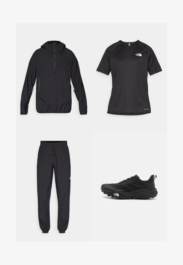 Veste à capuche noire en pullover, avec un zip demi-long, un ourlet élastiqué et des poches latérales, fabriquée en tissu léger et respirant.; T-shirt de sport noir à manches courtes avec un tissu texturé, arborant un logo blanc sur la poitrine gauche et un ourlet droit.; Pantalon de sport noir en tissu léger, avec une taille à cordon, des poches latérales et des chevilles resserrées.; Chaussure de trail running noire avec une tige texturée, semelle en caoutchouc et bout renforcé. Présente un col rembourré et une tirette pour un enfilage facile.
