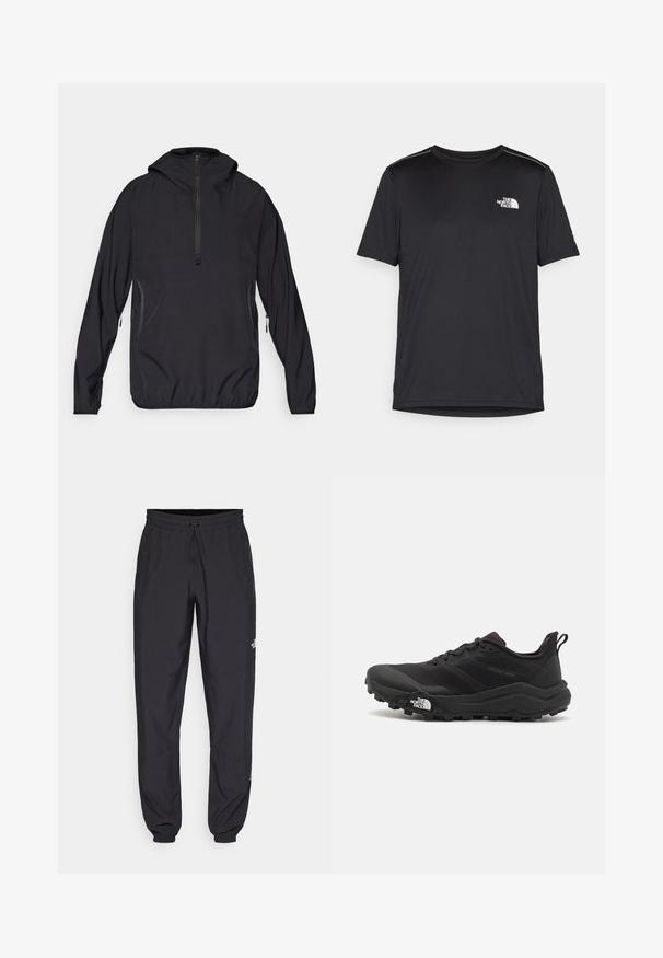 Μαύρο φούτερ μπουφάν με κουκούλα, μπροστινό μισό φερμουάρ, ελαστική μέση και πλαϊνές τσέπες, φτιαγμένο από ελαφρύ, αναπνέον ύφασμα.; Μαύρο κοντομάνικο T-shirt φτιαγμένο από ελαφρύ ύφασμα. Έχει ένα μικρό λευκό λογότυπο στο αριστερό στήθος και διακριτικές λεπτομέρειες στους ώμους.; Μαύρη αθλητική παντελόνι κατασκευασμένο από ελαφρύ ύφασμα, με ζώνη που ρυθμίζεται με κορδόνι, πλευρικές τσέπες και στενές μανσέτες στους αστραγάλους.; Μαύρο αθλητικό παπούτσι τρεξίματος με υφασμάτινο άνω μέρος, καουτσούκ σόλα και ενισχυμένη μύτη. Διαθέτει επενδεδυμένο κολάρο και θηλιά στα πίσω για εύκολη φορεσιά.
