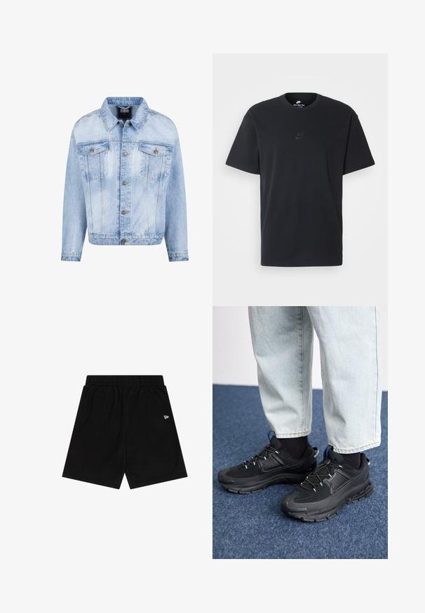 Heled sinine denimist jakk, millel on nööbiga esikülg, kaks rinna taskut ja pikad varrukad. Omab pleekinud tekstuuri ja kuldse tooni metallaktsente.; Nike musta mustast puuvillast T-särk klassikalise ümmarguse kaelusega, lühikeste varrukatega ja õrna, reljeefse logoga rinnal. Sile tekstuur.; Mustad mustadest pehmest kangast lühikesed püksid, millel on elastne vöökoht. Ees on väike valge logo. Lihtne disain ja sirge lõige.; Mustad mustad jooksukingad, millel on tekstureeritud kangas ja kummist tallad, elastsed nöörid ning sinine aksent kandadel. Kandmine heledate teksadega.