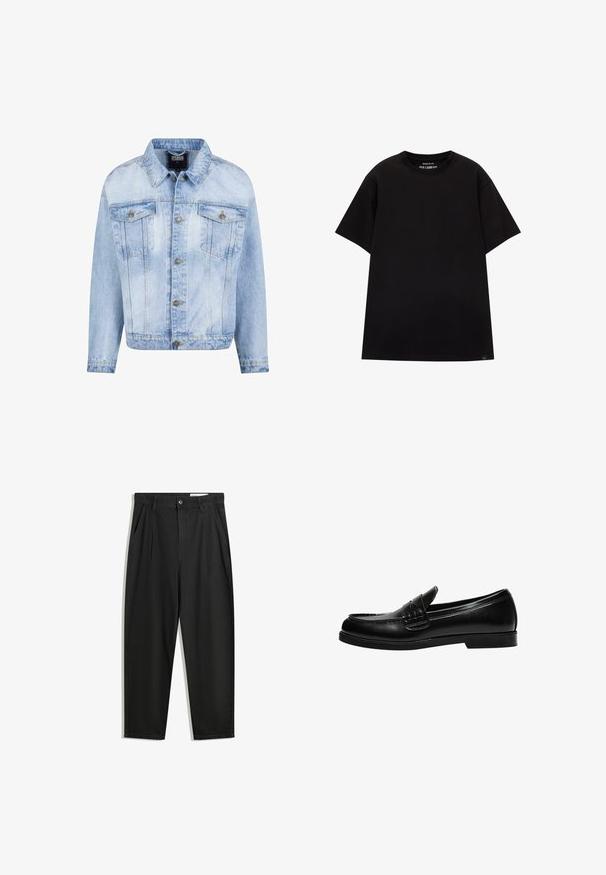 Világoskék farmerdzseki gombos elülső résszel, két mellzsebbel és hosszú ujjakkal. Használása során elhalványult textúrával és aranyszínű fém díszítésekkel rendelkezik.; PULL&BEAR JOIN LIFE - Basic póló - black; Fekete pamut nadrág laza szabással, klasszikus derékrésszel, elülső hajtásokkal és oldalsó zsebekkel. Simább textúra minta nélkül.; Fekete bőr loafer sima felülettel, a vamp-on varrási részlettel és alacsony, szilárd fekete gumitalppal.