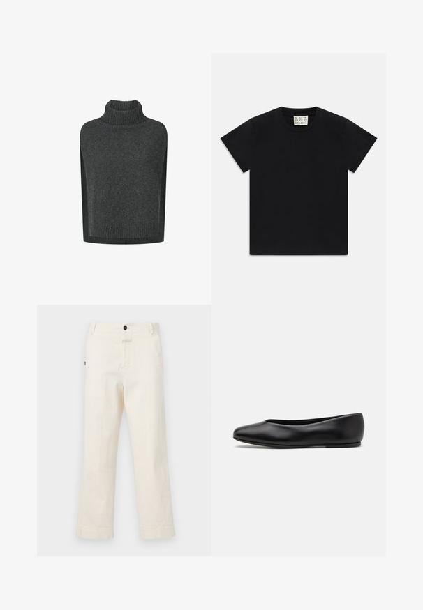 Mørkegrå strikket, ærmeløs sweater med ribstrikket rullekrave og ribstrikket kant.; Sort kortærmet t-shirt med rund hals og et hvidt mærke indeni kraven, mærket "D.R.C. EST. 2002" på hvid baggrund.; Beige bomuldsbukser med lige ben-design, der har en frontknaplukning og en lomme med en cirkulær knapdetalje.; Paul Smith TOPANGA - Ballerinasko - black