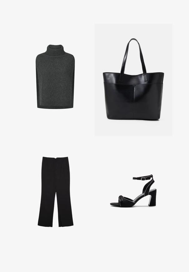 Mørkegrå strikket, ærmeløs sweater med ribstrikket rullekrave og ribstrikket kant.; Sort ærmeløs crop top lavet af glat stof, med rund hals og et rent, enkelt design uden mønstre eller hardware.; Sorte bukser med lige pasform, der har frontlommer og slidser i kanten. Lavet af blødt, glat stof. Velegnet til forskellige anledninger.; Sorte ruskind hælede sandaler med en bred blokhælt, justerbar ankelrem, åben tå-design og kontrasterende syninger.; Sort læder tote taske med to lange håndtag, en glat tekstur og en struktureret form. Har en forlommem for ekstra opbevaring.