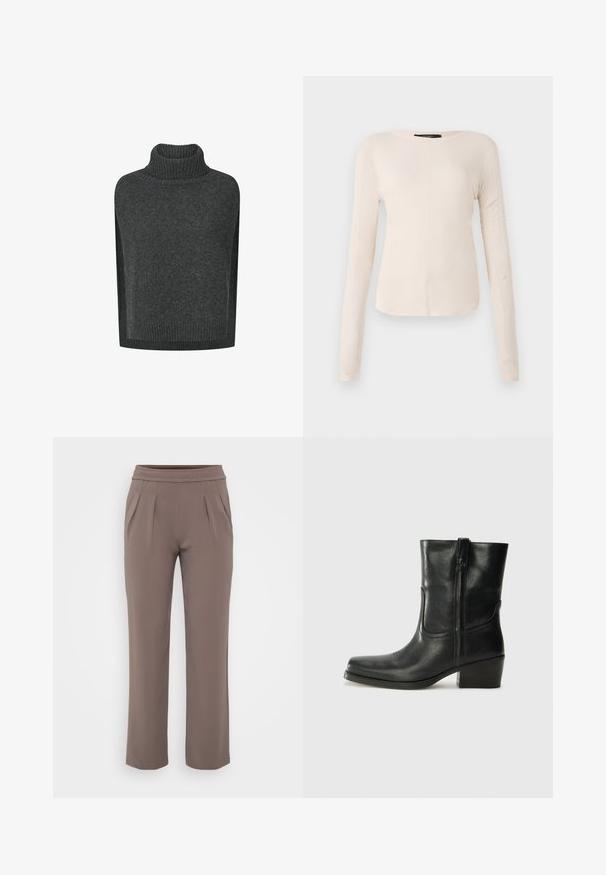 Mørkegrå strikket, ærmeløs sweater med ribstrikket rullekrave og ribstrikket kant.; Langærmet, lys beige top med rund halsudskæring. Lavet af blødt stof, har en central søm og let buet kant. Der er ingen synlige metaldele.; Taupe løs-fit bukser med elastisk talje og frontfald, lavet af glat stof.; Sort læder ankelstøvle med rundt tå, blokhæl, lynlås i siden og stikninger på vampsiden. Glat tekstur, klassisk design.
