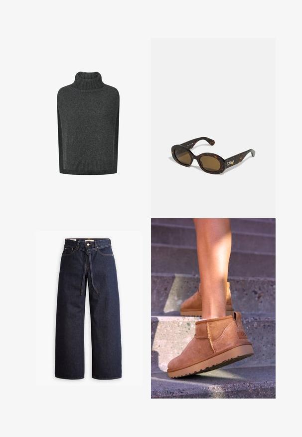 Mørkegrå strikket, ærmeløs sweater med ribstrikket rullekrave og ribstrikket kant.; Brun turtleneck bluse med lange ærmer, lavet af blødt stof. Har en tætsiddende krave og en afslappet pasform, med en lige kant forneden.; Bredde ben mørkeblå denim jeans med høj talje, der har snoretræk, fem lommer og kontrastsyet detaljer.; Tan ruskind ankelstøvler med en blød tekstur, stikninger og en gummisål, der har en løkkehælkappe for nem på- og aftagning.; Skildpaddemønstret solbriller med ovale stel, brune tonede glas og "Chloé" branding på siden. Glat plastmateriale med blank overflade.