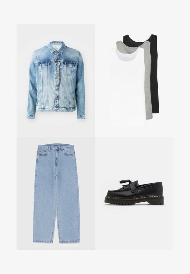 Vaaleansininen farkkutakki, jossa on napit edessä, kaksi rintataskua, sivutaskut ja kaulus. Ominaisuuksiin kuuluu haalistunut pesu ja yläommel yksityiskohtia.; Kolme hihattomaa toppia valkoisena, harmaana ja mustana. Jokaisessa on klassinen hihaton muotoilu, ja ne on valmistettu kevyestä puuvillakankaasta, jossa on ribbausrakenne.; Vaaleansiniset farkut suoran lahkeen muotoilulla, joissa on puolivälin vyötärö, viisi taskua sekä nappi- ja vetoketjusuljenta.; Musta nahkakengät, joissa on tupsuakkentti, paksu musta pohja ja keltainen ommel reunassa. Rakeinen pinta.