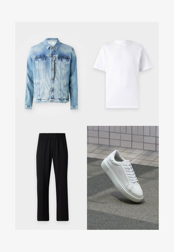 Heledad sinine teksajaki, millel on nööpidega eesmine sulgemine, kaks rinna taskut, küljetaskud ja krae. Omab pleekinud pesu ja üleval õmblemise detaile.; Valge lühikeste varrukatega T-paita, mis on valmistatud puuvillast, laheda kaelusega. T-särk on sileda tekstuuri ja lihtsa disainiga, ilma mustrite või aksessuaarideta.; Mustad, elastse puusärgid sirge säärega, mis on sileda tekstuuriga ja ilma nähtavate mustrite või riistadega.; Valge nahkline sneka, millel on sile pind, ümar varvas ja lame valge pael. Omab tekstuuriga kummist talla ja minimaalset kujunduselementi.