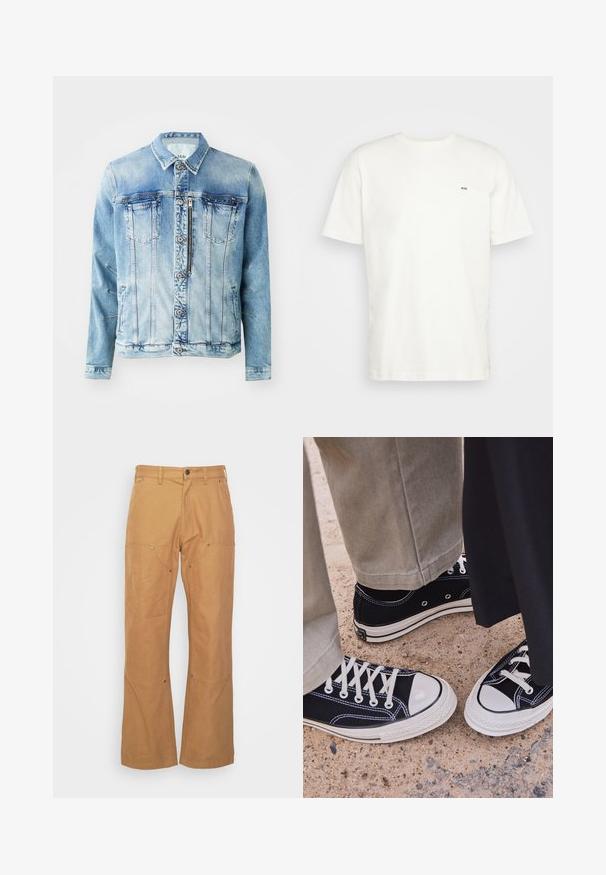 Ljusblå denimjacka med knäppning framtill, två bröstfickor, sidofickor och krage. Har en urtvättad look och overlockdetaljer.; Vit bomull t-shirt med rund halsringning, korta ärmar och en liten svart "W.W." logotyp på vänster bröst. Slät textur, vanlig passform.; Tan cargobyxor tillverkade av hållbart material, med sidofickor, metallhardwaredetaljer, rak benform och vanligt midjeband.; Svarta canvas sneakers med vita gummikapslar och snören. Kontraststygn och metallöglor ger detaljer. Bärs med beige byxor och svart tyg.