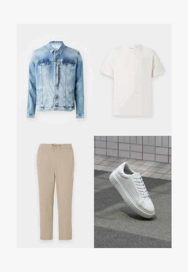 Heledad sinine teksajaki, millel on nööpidega eesmine sulgemine, kaks rinna taskut, küljetaskud ja krae. Omab pleekinud pesu ja üleval õmblemise detaile.; Valge lühikeste varrukatega T-särk ribakudumises. Ümar kaelus, mugav lõige, nähtavad mustrid ega aksessuaarid puuduvad. Lihtne ja mitmekesine disain.; Beežid vabaaja püksid elastse vöökohtaga ja paelaga, sirge sääre disainiga ning pehme, sile tekstuuriga.; Valge nahkline sneka, millel on sile pind, ümar varvas ja lame valge pael. Omab tekstuuriga kummist talla ja minimaalset kujunduselementi.