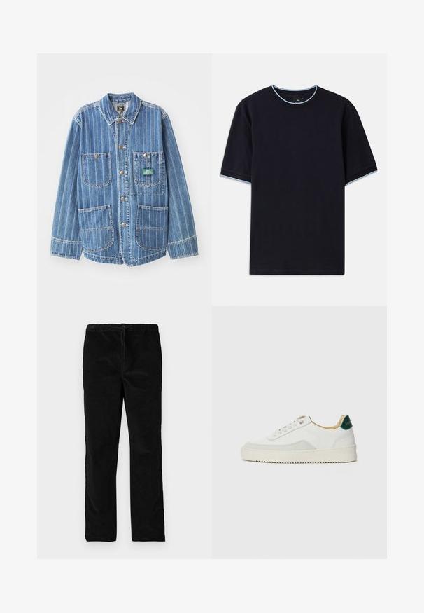 Jeansjakke i lys blå med vertikale hvite striper, med fire lommer, krage og gullfargede knapper. Merketikett synlig på venstre lomme.; Mørkeblå t-skjorte med korte ermer og rund hals, med lyseblå detaljer ved kragen og ermene. Laget av myk bomullsstoff.; Sorte rette fløyelsbukser med elastisk midjebånd og frontstramming, vist mot en enkel hvit bakgrunn.; Hvit sneakers med semsket detaljer, rund tå, flate snøringer og en kremfarget gummisåle. Har grønn merking på hælen.