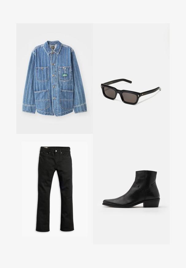 Jeansjakke i lys blå med vertikale hvite striper, med fire lommer, krage og gullfargede knapper. Merketikett synlig på venstre lomme.; AllSaints BRACE CREW - T-shirts - CARTER GREY; Svarte denimjeans med rett ben-design, fem lommer, metallknappelukking og subtile stikkingdetaljer. Glatt tekstur og ensfarget.; Sorte skinn ankelstøvel med spiss tå, minimale sømdetaljer, en midhøy blokkhelle og en glatt, polert finish.; Sorte rektangulære solbriller med mørke linser, tykk plastikkramme, gullaccenter på skulderpartiet og merkevarelogo gravert på armen.