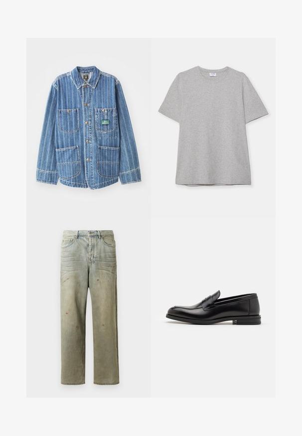 Leren spijkerjack in lichtblauw met verticale witte strepen, voorzien van vier zakken, een kraag en gouden knopen. Merklaabel zichtbaar op de linkerzak.; Grijze T-shirt met korte mouwen, gemaakt van zacht, textuurstof. Heeft een klassieke ronde hals en een rechte zoom, geschikt voor casual dragen.; Verweerde denim jeans in lichtgroen, met een rechte pijp, vijf-pocket ontwerp en ongelijkmatige vervaging met verfspatten.; Zwarte leren instappers met een gladde textuur, ronde neus en een decoratieve band over de wreef. Lage, gestapelde hak en minimalistisch ontwerp.