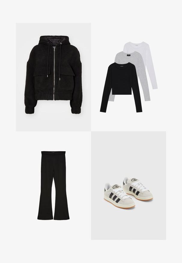 Melns kapuces bomber jakas, izgatavota no plīša auduma, ar rāvējslēdzēju priekšpusē, divām priekšējām kabatām ar atloka aizdari un elastīgiem piedurkņu galiem.; Trīs garām piedurknēm veidotas augšdaļas, sakrautās: melna, pelēka un balta. Katram ir noapaļots kakla izgriezums un īsa dizaina forma ar gludu, vieglu audumu.; Melnas flared leggings, kas izgatavotas no stiepjama auduma. Iezīmējas ar platu jostasvietu un gludu tekstūru, ar pieguļošu siluetu, kas paplašinās pie apakšmalas.; Pelēkas zamšādas kedas ar baltām saites, melnām svītrām un baltu gumijas zoli. Raksturīga apļa logo uz mēles un gumijas zole.