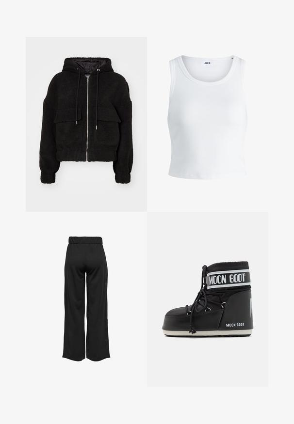 Black hooded bomber jacket made of plush fabric, featuring a zip front, two front pockets with flaps, and elastic cuffs.; White ribbed tank top featuring a round neckline, sleeveless design, and a cropped length. Label reads "JJXX." Smooth fabric texture.; Black, wide-leg pants with an elastic waistband, made from smooth fabric. Features a clean design with no pockets or visible stitching details.; Black Moon Boot with a padded upper, secured by laces and a distinctive white band featuring the logo. Thick, textured rubber sole.