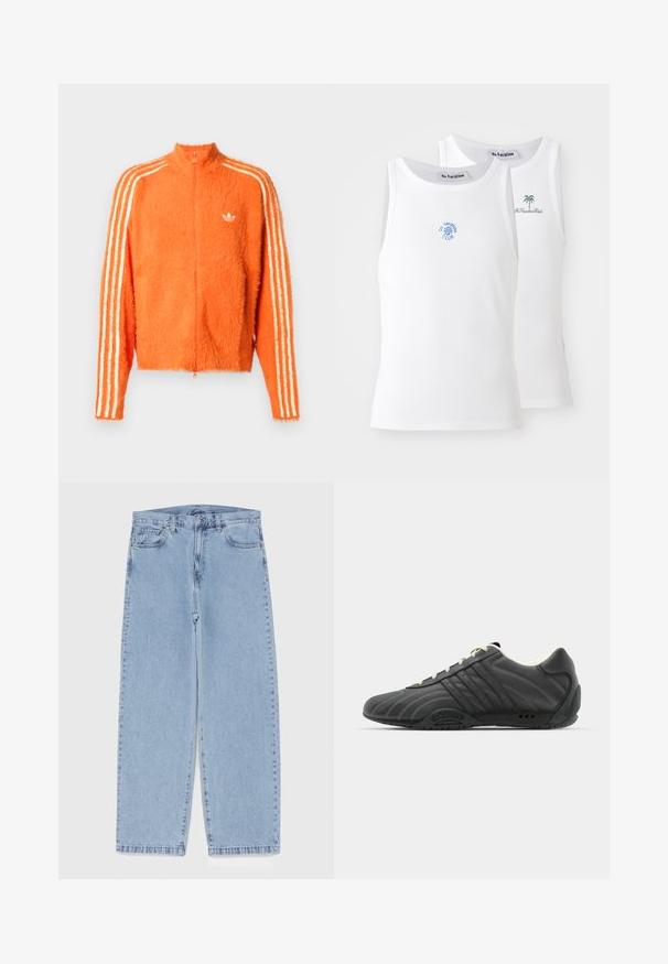 Narancssárga bolyhos zipzáros dzseki magas gallérral, mindkét ujján három fehér csíkkal és egy kis fehér logóval a mellkasán.; Két fehér trikó, bordázott textúrával, kék és zöld hímzett logókkal. Az egyik napocska mintás, a másik pálmafás.; Világoskék farmernadrág egyenes szárú kivitelben, közepes derékkal, öt zsebbel, gombos és cipzáros záródással.; adidas Originals ADIRACER UNISEX - Sportcipő - core black/cream white