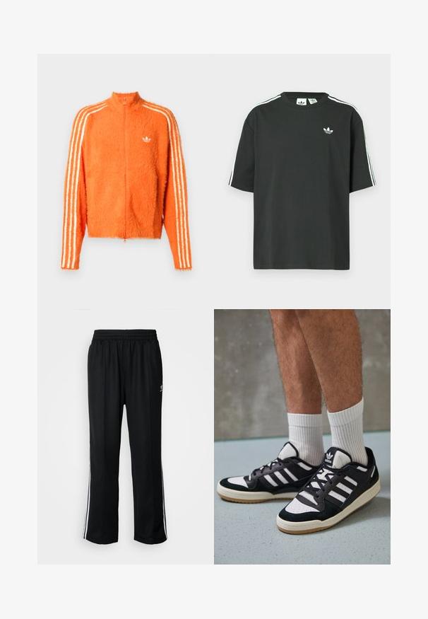 Oransje, plysjete zip-up jakke med høy krage, med tre hvite striper nedover hver erme og en liten hvit logo på brystet.; Svart t-skjorte i bomull med korte ermer, rund hals og hvite trestripesdetaljer på skuldrene. Har en liten hvit logo på brystet.; Sorte treningsbukser med elastisk midjebånd, med hvite sidestiper og en liten logo. Materialet ser mykt og lett ut.; Sorte og hvite sneakers med overdel i semsket skinn og lær, med tre hvite striper, perforert tå og en såle av gummi.