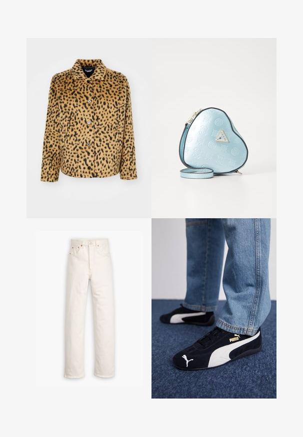 Kabát s leopardím vzorom v béžovej a čiernej farbe, vyrobený z mäkkej tkaniny. Obsahuje špicatý límec, uzávery na gombíky a dlhé rukávy.; Svetlomodrá blúzka s dlhým rukávom z jemného materiálu, s výstrihom do V, šnúrkovými detailmi a zberaným pásom pre uvoľnený strih.; Biele džínsy z denimu so stright-leg strihom, päť-vreckovým štýlom a medenými kovovými doplnkami. Nerovný lem na členkoch.; Čierne semišové tenisky s bielymi akcentmi, so zlatým logom. Nosené s svetlomodrými denimovými džínsy a položené na textúrovanej modrej ploche.; Kabelka v tvare srdca v svetlom modrom embosovanom materiále, s čiernym lemovaním a zlatým logom. Súčasťou je odnímateľný ramenný popruh.