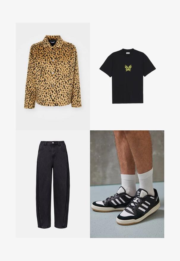 Leopard print jacket in tan and black, made of soft fabric. Features a pointed collar, button closure, and long sleeves.; Black cotton t-shirt featuring a small, yellow flame-patterned butterfly graphic on the chest. Crew neckline, short sleeves.; Black wide-leg jeans made of denim with a smooth texture. Features a high waist, front pockets, and button closure at the waistband.; Black and white sneakers with a suede and leather upper, featuring three white stripes, a perforated toe, and a gum rubber sole.
