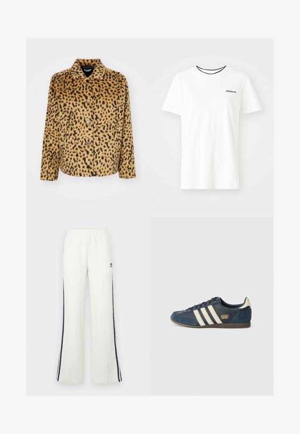 Leopard print jacket in tan and black, made of soft fabric. Features a pointed collar, button closure, and long sleeves.; White cotton t-shirt with short sleeves and a round neckline. Features a black Adidas logo on the chest and a contrasting black inner collar.; Light cream, cable-knit pants with a flared design. Features dark blue side stripes and an Adidas logo on the hip. Elastic waistband.; Navy blue suede sneaker with cream stripes, textured toe area, golden "adidas JAPAN" logo, and a brown rubber sole. Classic low-top design.