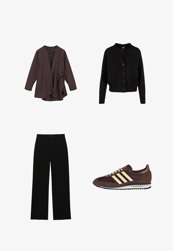 Brun stribet omslagjakke med V-hals, lange ærmer og båndlukning. Lavet af letvægtsmateriale, med hvide striber hele vejen igennem.; Sort strikjakke med V-hals, fem knapper foran, ribbede kanter og manchetter samt cropped design. Blød tekstur med en afslappet stil.; Simpel hvid langærmet skjorte, rund hals, vist fra ryggen, lagt fladt på en hvid baggrund.; Sorte, højtsiddende, brede bukser lavet af et glat stof, med flad front, knaplukning og uden synlige lommer.; Brune og bordeaux sneakers lavet af ruskind og mesh-materialer, med tre cremefarvede striber, tekstureret stof på tungen, og en gummisål.