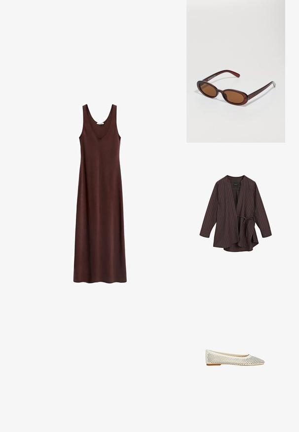 Hnědý pruhovaný wrap kabát s výstřihem do V, dlouhými rukávy a zavazováním. Vyrobeno z lehké látky, které obsahuje bílé podélné pruhy.; Hnědá maxi šaty bez rukávů s kulatým výstřihem, hladkým povrchem a rovnými liniemi, navržené pro volný střih.; Bílé perforované baleríny s špičatou špičkou a plochou gumovou podrážkou. Materiál vypadá hladce s konzistentní texturou a vzorem.; Kulaté sluneční brýle hnědé barvy s lesklým burgundským rámem. Úzké nožičky s jemným logem. Rovné čočky.; Béžová kožená kabelka ve tvaru půlměsíce s horním zipem, odnímatelným ramenním popruhem a zlatým logem "Lacoste Paris" na přední straně.; Zlatý kovový prsten s hladkým, zakřiveným designem a lesklým povrchem. Vyznačuje se organickým tvarem, je široký ve středu a směrem k okrajům se zužuje.