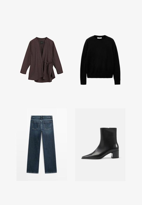 Brun stribet omslagjakke med V-hals, lange ærmer og båndlukning. Lavet af letvægtsmateriale, med hvide striber hele vejen igennem.; Sort, crew-neck sweater lavet af blødt stof, med lange ærmer og et rent, enkelt design uden tydelige mønstre eller accenter.; Mørkeblå denimjeans i lige snit med to baglommer og synlig syning langs sømme og kanter.; Sort læder ankelstøvle med spidse tæer, glat tekstur og mellemhøj blokhæl. Minimalistisk design, lynlås lukning bagpå.