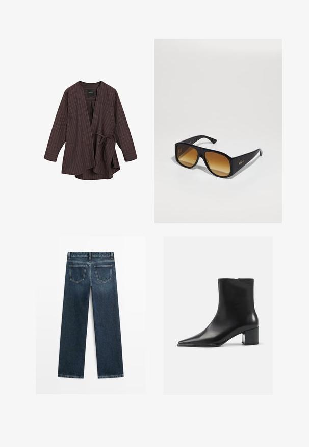 Bruine gestreepte wikkeljas met een V-hals, lange mouwen en striksluiting. Gemaakt van lichtgewicht stof, voorzien van witte streepjes overal.; Witte blouse met verticale lichtgrijze strepen, spreidkraag, lange mouwen en een ontspannen pasvorm. Gemaakt van lichte stof.; Donkerblauwe spijkerbroek met een rechte snit, voorzien van twee achterzakken en zichtbare stiksels langs de naden en randen.; Zwarte leren enkellaars met een spitse neus, een soepele textuur en een middenblokhak. Minimalistisch ontwerp, ritssluiting aan de achterkant.; Zwarte rechthoekige zonnebril met bruine verlooplenzen. Gemaakt van plastic, met een glad oppervlak en een subtiele gouden logo op de poot.