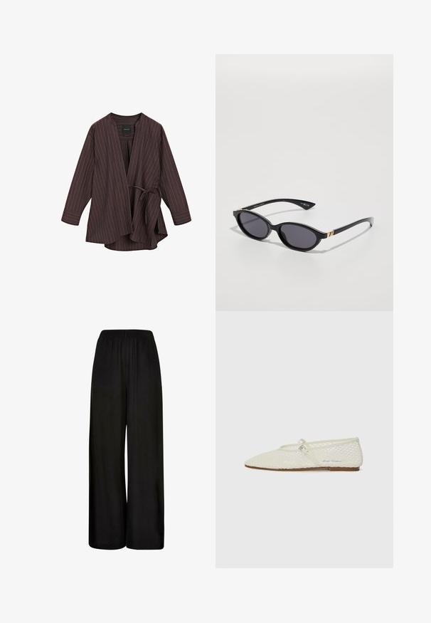 Brun stribet omslagjakke med V-hals, lange ærmer og båndlukning. Lavet af letvægtsmateriale, med hvide striber hele vejen igennem.; Lyserød tanktop lavet af blød og strækbar stof. Har en rund halsudskærm og smalle skulderstropper, med en glat tekstur og tætsiddende pasform.; Sorte vide benbukser lavet af et glat stof. Har en elastisk talje og en løs, flydende pasform for komfort og bevægelsesfrihed.; Cremefarvet mesh balletflade med spids tå og justerbar rem. Har en tekstureret overdel og en flad, brun sål.; Sorte solbriller med ovale linser, mørk gradienttint og slanke arme med diskrete guldkant. Glat plastikfinish.; Beige halvmåneformet læderhåndtaske med toplynlås, aftagelig skulderrem og guld "Lacoste Paris" logo på forsiden.