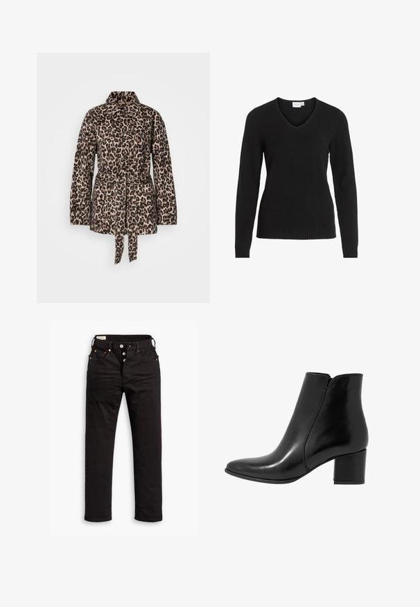 Plettet jakke i beige og sort med krave, knaplukning foran, to brystlommer, bælte i taljen og struktureret stof.; Sort V-hals sweater lavet af blødt stof, med lange ærmer, ribbet kant og manchetter, i et enkelt og klassisk design.; Sorte lige jeans med knaplukning, front- og baglommer samt kobbernitte detaljer på en hvid baggrund.; Anna Field LEATHER - Støvletter - black