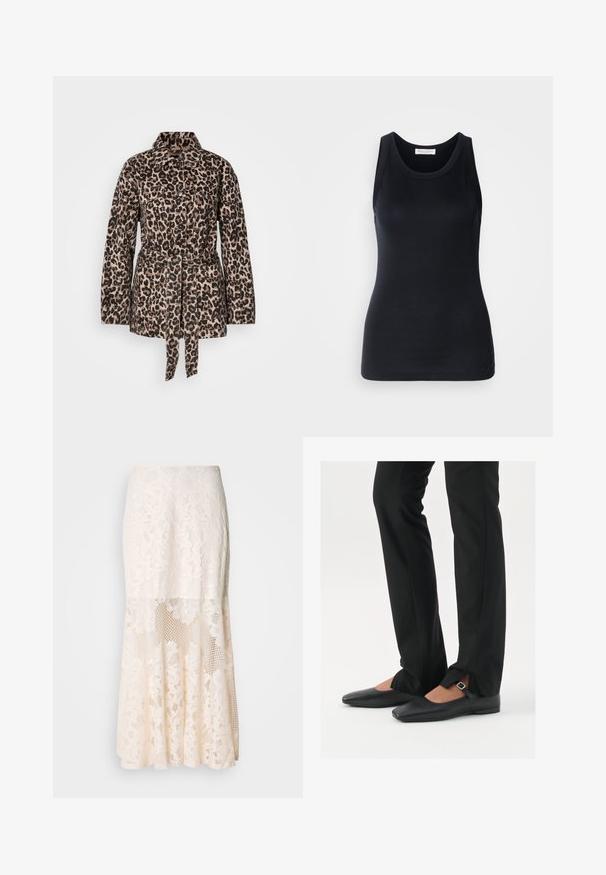 Casaco de estampado de leopardo em bege e preto, com colarinho, fecho frontal com botões, dois bolsos no peito, cintura com cinto e tecido texturizado.; Top preto de alças feito de um tecido macio e elástico. Apresenta uma gola redonda e alças largas, com uma silhueta ajustada e textura suave.; Saia midi em renda floral na cor creme; apresenta um design em camadas com seções transparentes, renda texturizada e uma barra rodada.; Sapatilhas de balé pretas em couro com bico fino, tira com fivela prateada, combinadas com calças pretas ajustadas com bainha fendida.