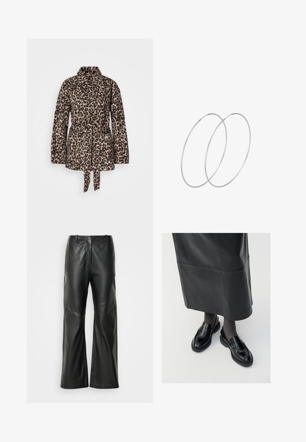 Beige ja musta leopardimustri jope, millel on krae, nööpidega esikülg, kaks rinna taskut, vöökoht ja tekstuuriga kangas.; Pitkähihaista T-paitaa, joka on muotoiltu istuvaksi ja valmistettu pehmeästä puuvillasta. Ominaisuuksiin kuuluu vaakasuorat vaaleanpunaiset ja valkoiset raidat sekä leveä kaula-aukko.; Mustat nahka leveälahkeiset housut, joissa on sileä pinta, keskikorkea vyötärö ja minimaalinen ompelus yksityiskohtana edessä.; Musta nahka loaferit sileällä pinnalla, jossa on koristeellinen hihna, pyöreä kärki ja teksturoitu pohja. Yhdistetty pitkän mustan nahkahameen kanssa.; Hopehope hopeilla, joissa on minimalistinen muotoilu. Pyöreä muoto, sileä pinta ja ohut profiili. Kevyet ja kiillotetut.